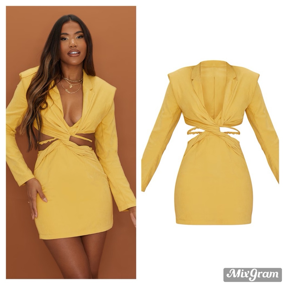 PLT Mustard Soft Touch Shoulder Pad Twist Front Long Sleeve Blazer Dress
